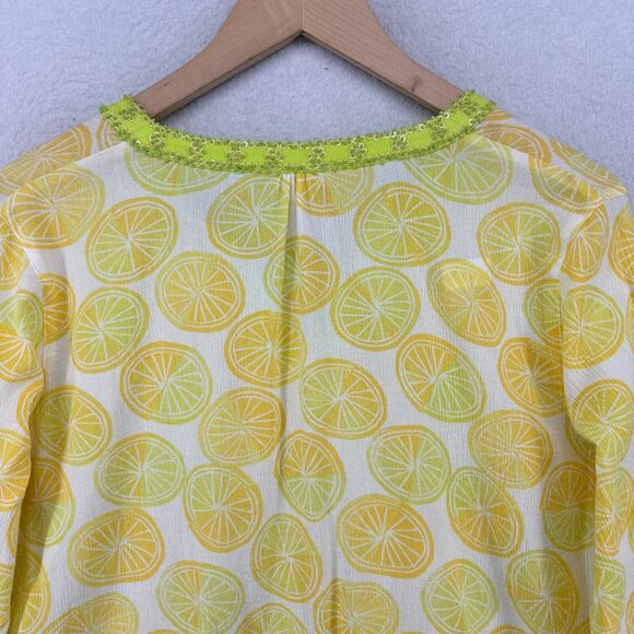 SIGRID OLSEN Top S Lemon Print Crinkle Gauze V-Neck Beaded Sequin Cotton Yellow - Picture 5 of 13